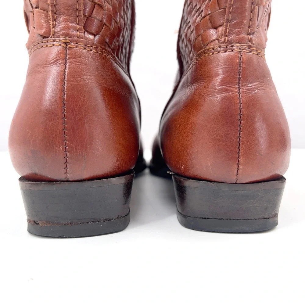 Vintage 90s Womens Woven Leather Ankle Boot Cognac Brown Coastal Cowgirl 8